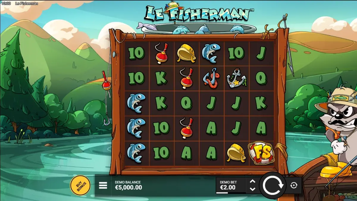 Smokey the Raccoon fishing in the cartoonish world of Le Fisherman slot