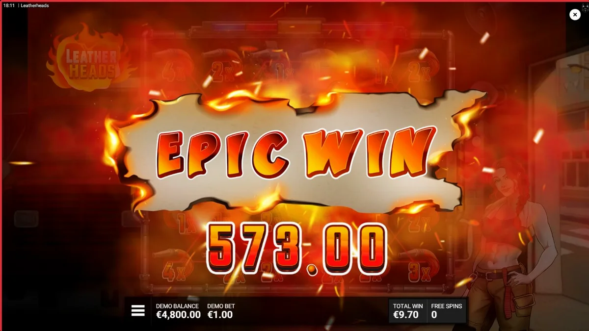Leatherheads slot game interface showing neon firefighting theme