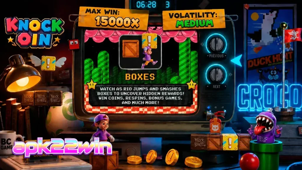 Tampilan visual retro 8-bit dari slot KNOCKOIN dengan karakter Rio di lingkungan arcade neon.